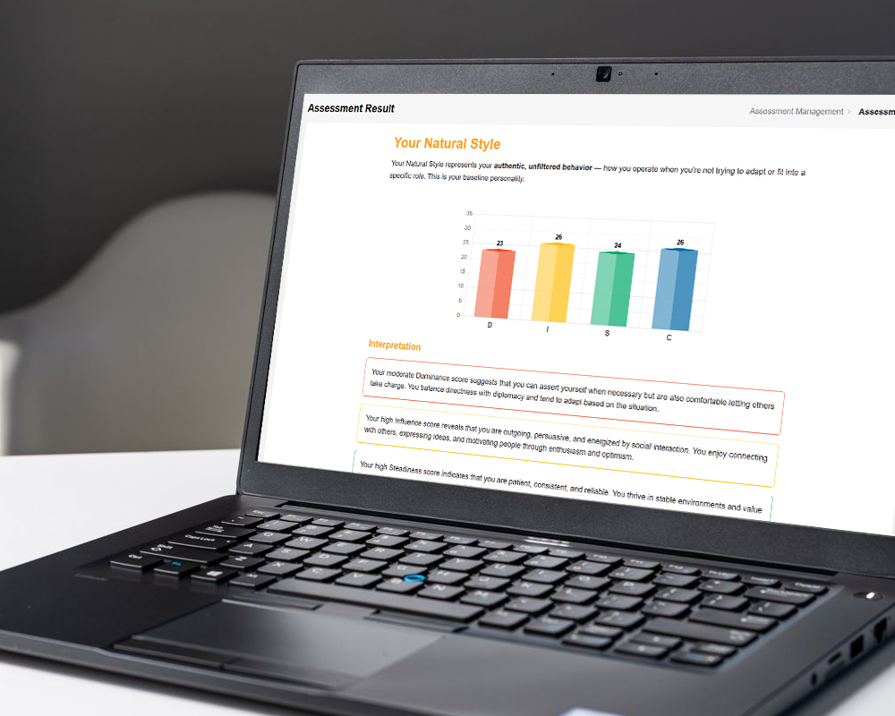 White Label DISC assessment results screen showing a Natural Style DISC chart with personalized behavioral insights